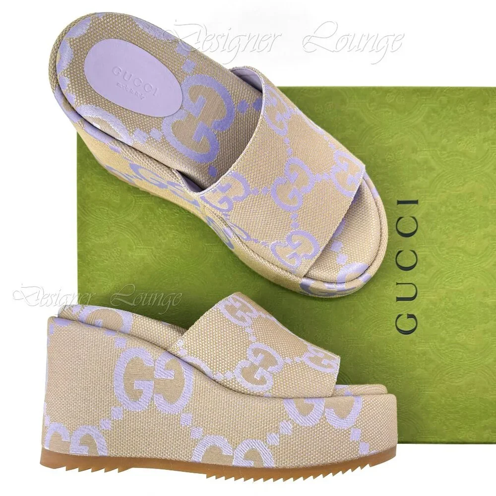 NEW GUCCI Macro GG Beige Monogram Canvas Platform Wedges Size EU 40 US 10